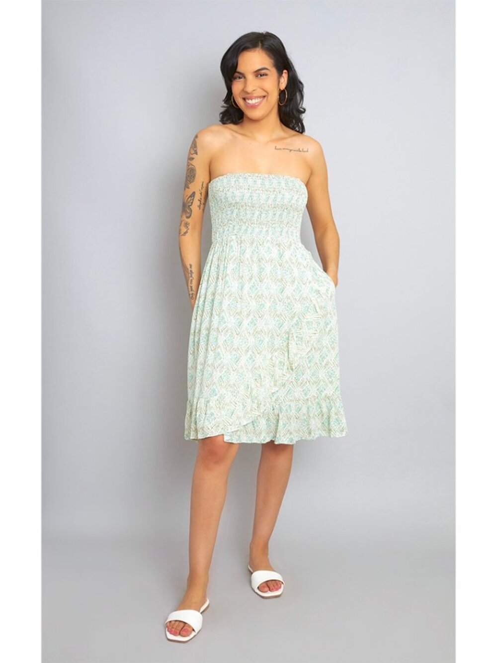 Green Summer Strapless Smocked Dress